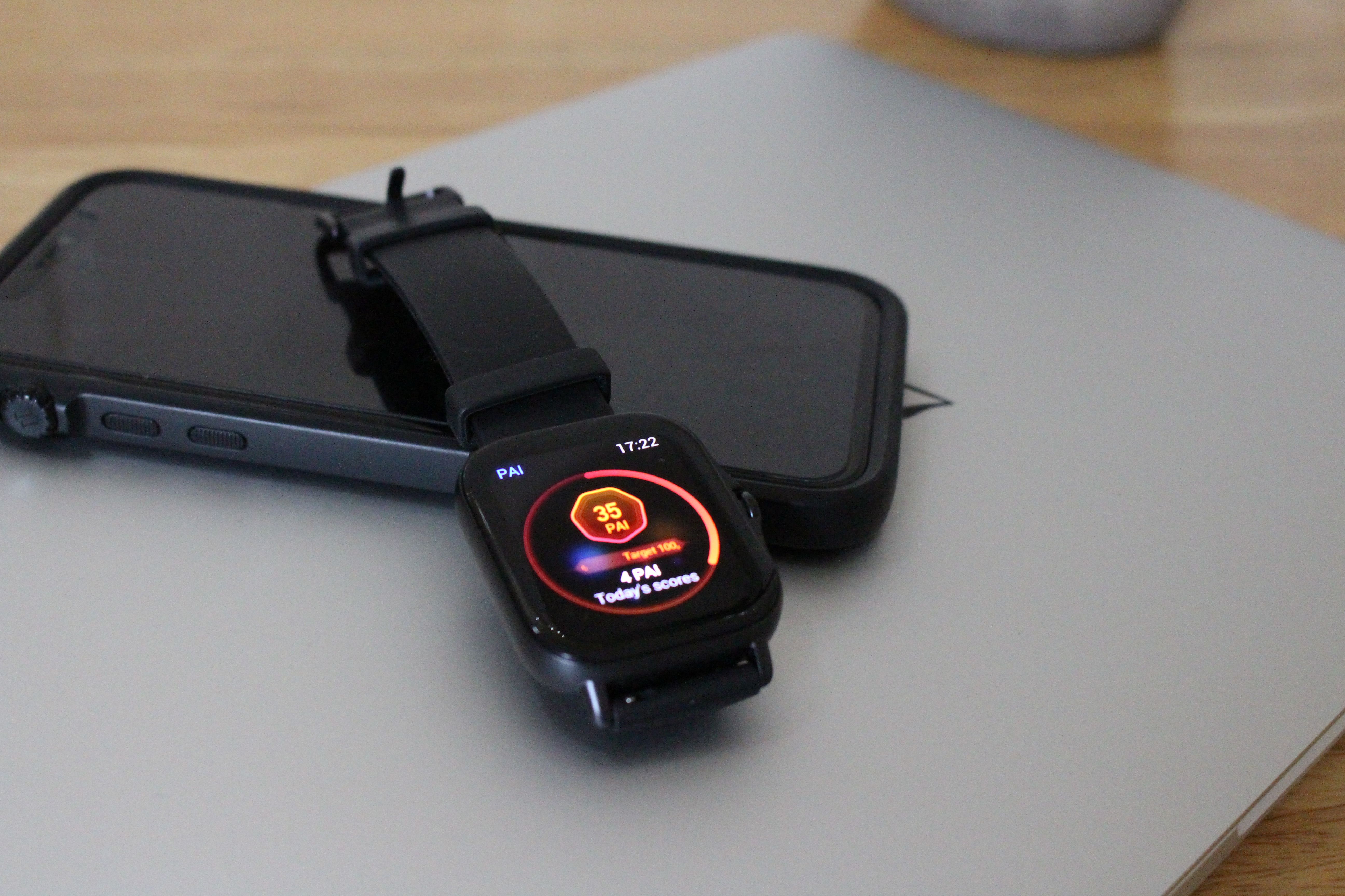 Amazfit GTS 2e on top of a smartphone