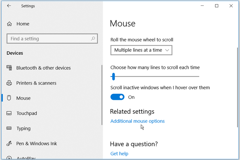 Configuring additional mouse options