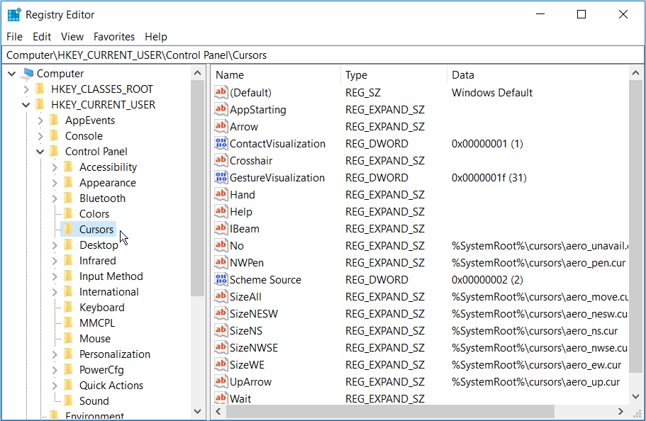 Current user control panel colors. Win r regedit. HKEY_current_user\Control Panel\accessibility\mousekeys. Cursors names for Windows 10. Default String cm131 (u3e1).