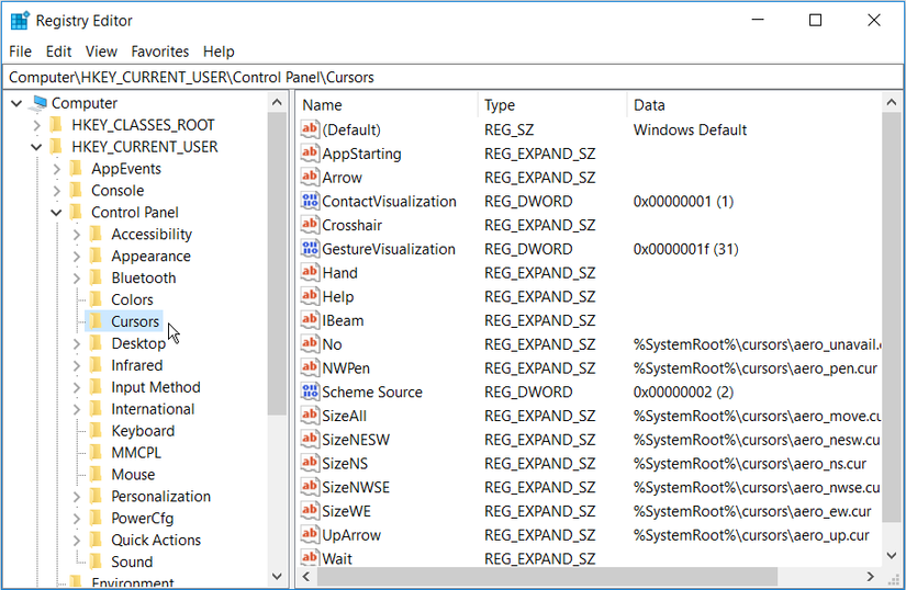 Navigating to the Cursors key in the Registry Editor