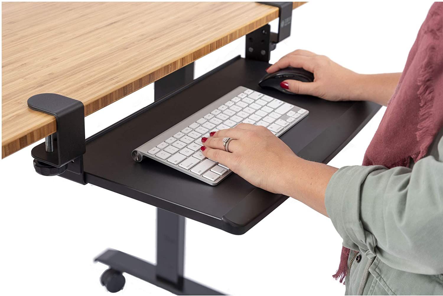 Stand Up Desk Store Clamp On Pull Out Keyboard Tray in use