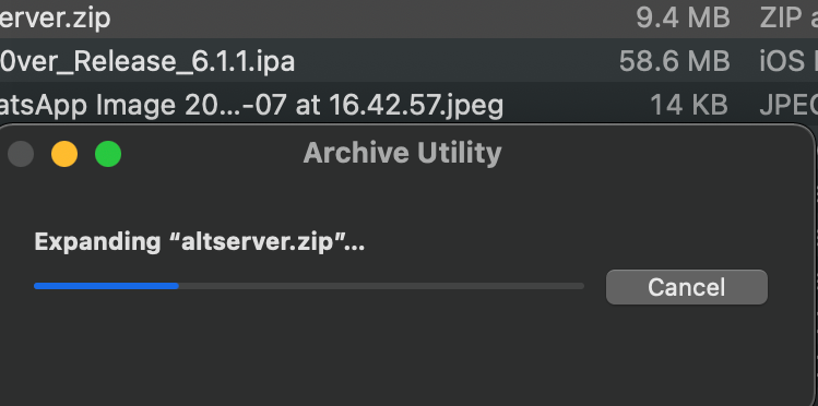 Screenshot of AltStore being unzipped