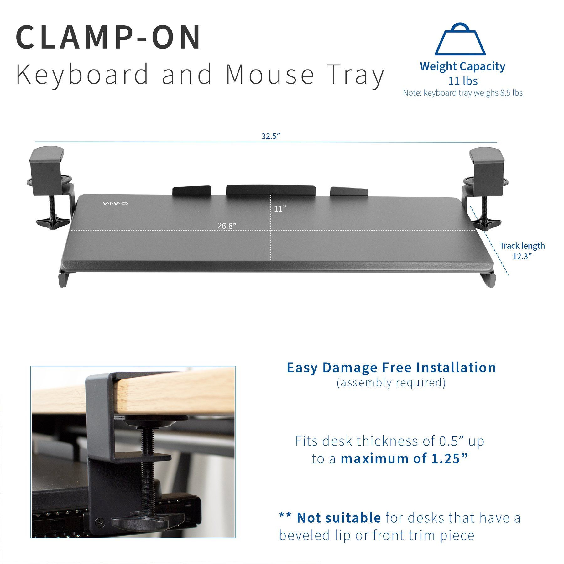VIVO Clamp-on Keyboard Tray size