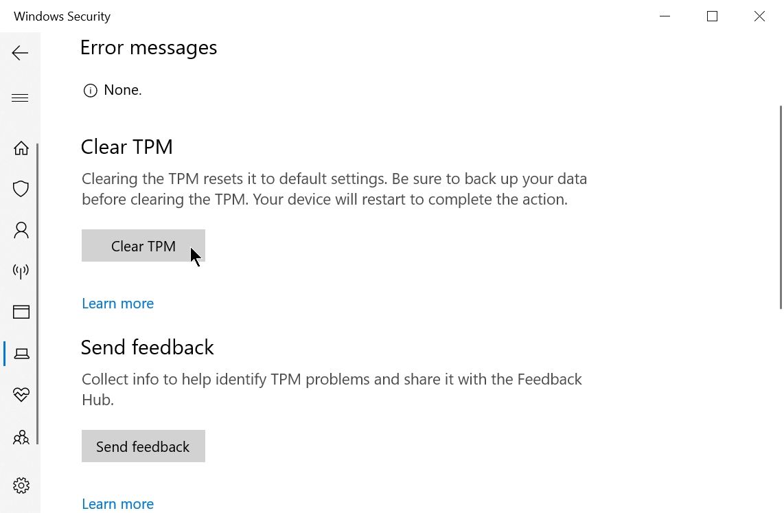 TPM device. Clear TPM Keys. TPM. A configuration change was requested to Clear this Computer's TPM.