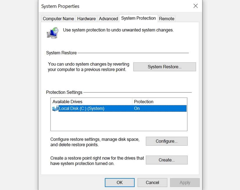 Create a system restore point