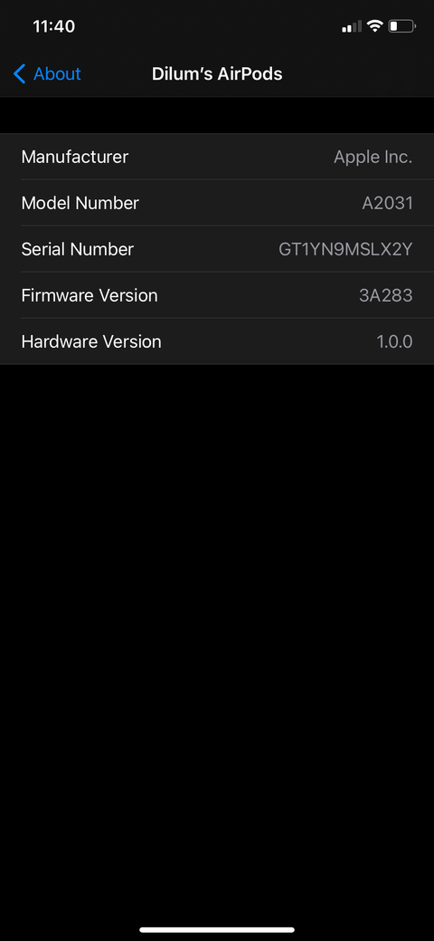 AirPods About Settings.