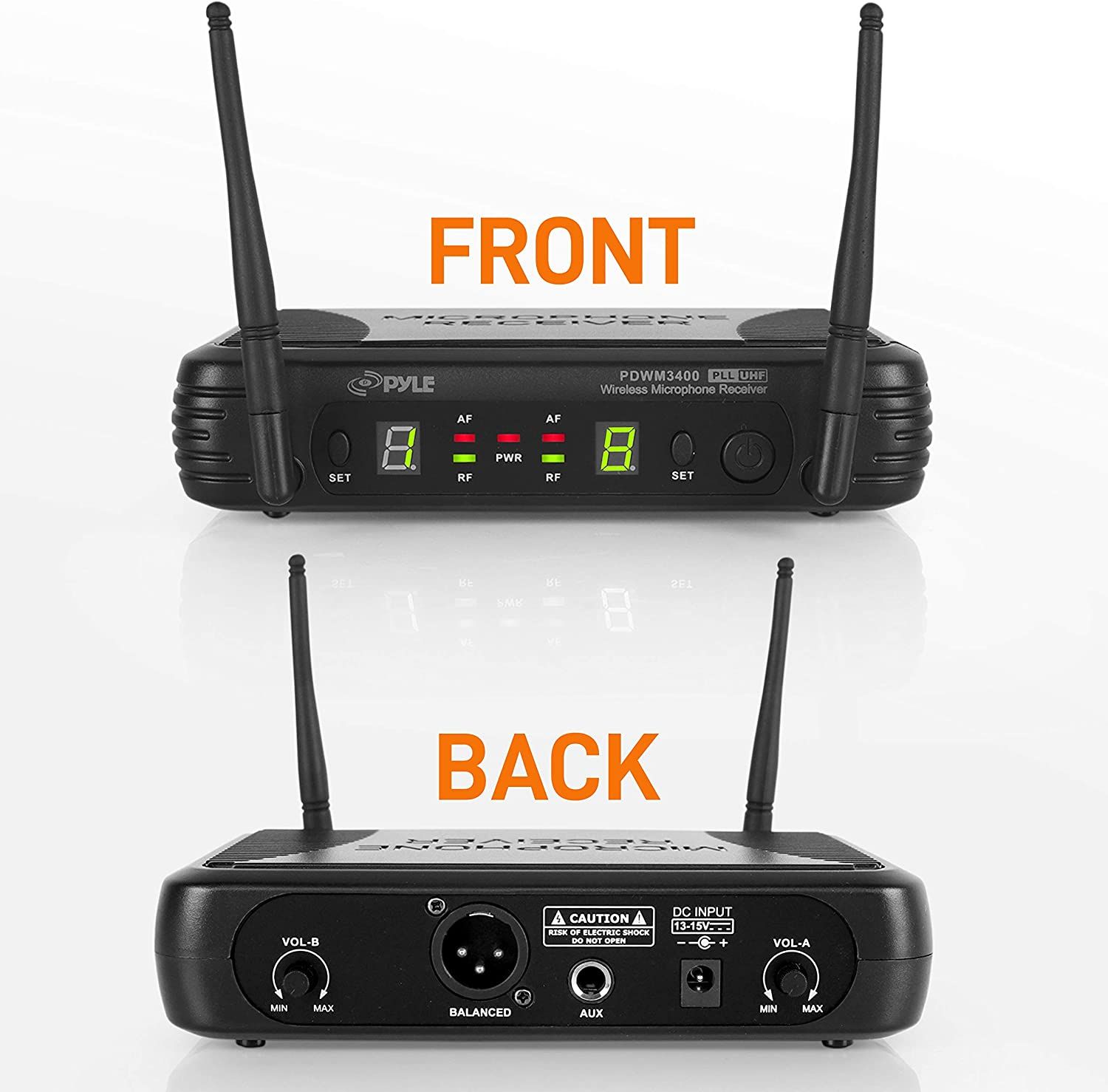 Pyle 2 Channel Wireless Microphone System front and back