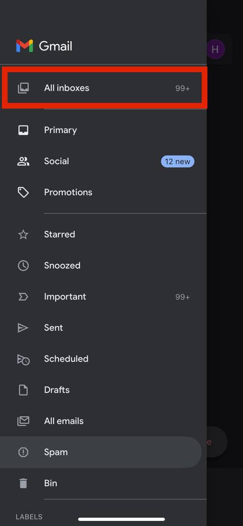 All inboxes option in Gmail.