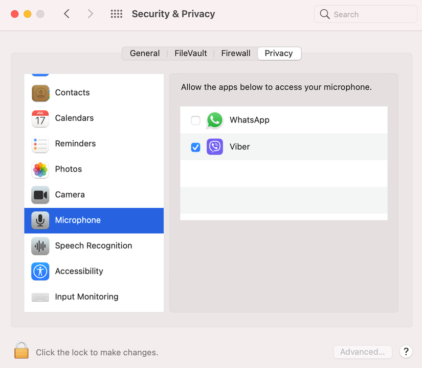 how to allow apps to use the built-in mic on Mac