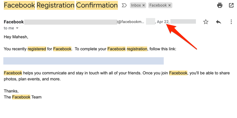 Use the welcome email to find your join date on Facebook