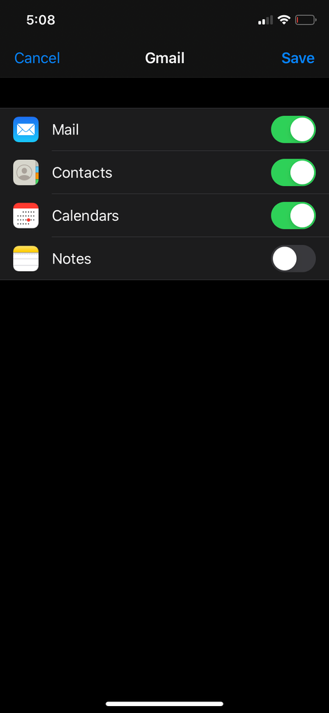 Gmail settings and Mail toggle.