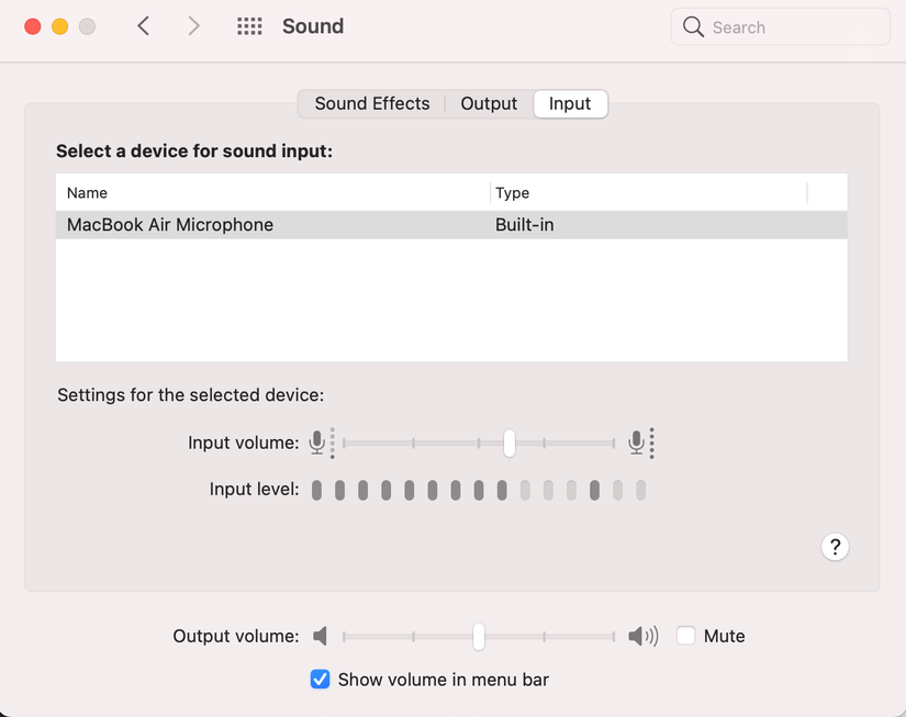 Macbook microphone settings.