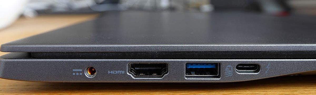 Charging, HDMI, USB-A, and USB-C ports on the left side of a laptop