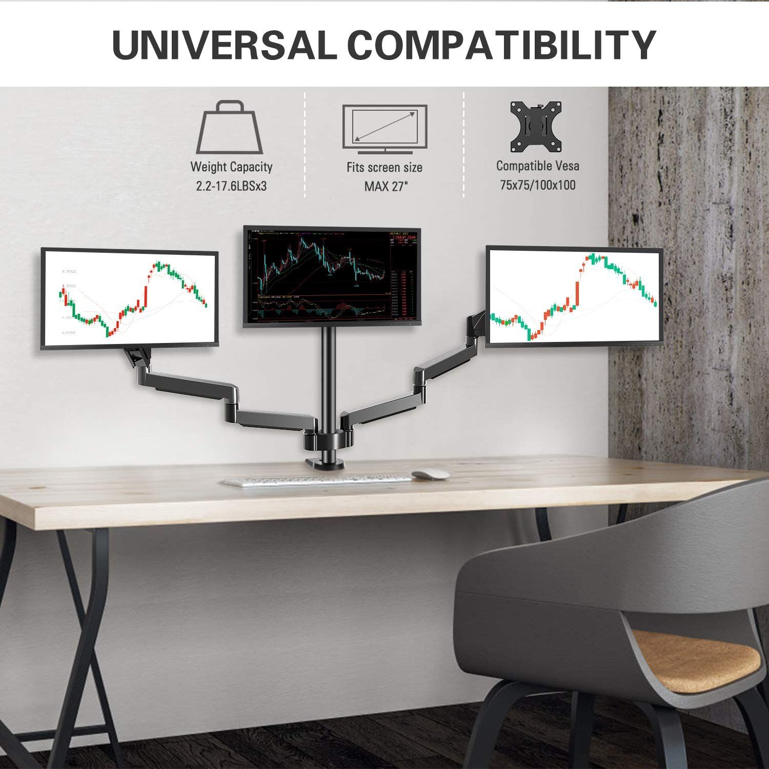 MOUNTUP Triple Monitor Stand Mount with Monitors