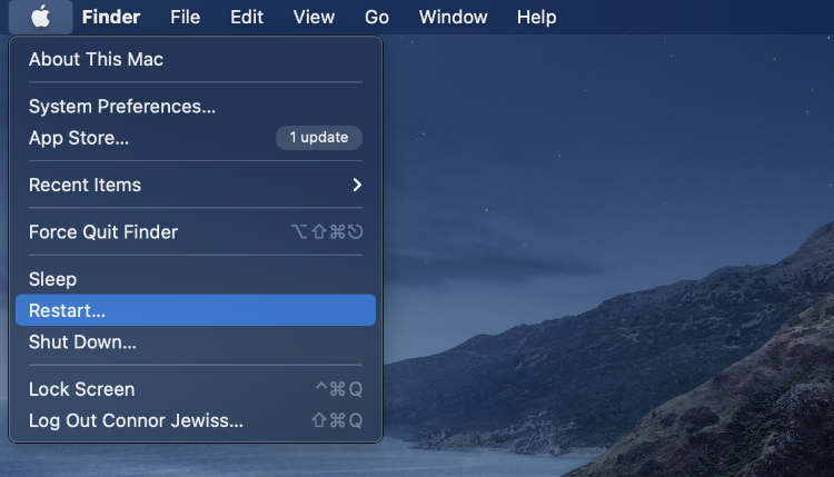 Screenshot of the Restart option in the Apple menu on Macs