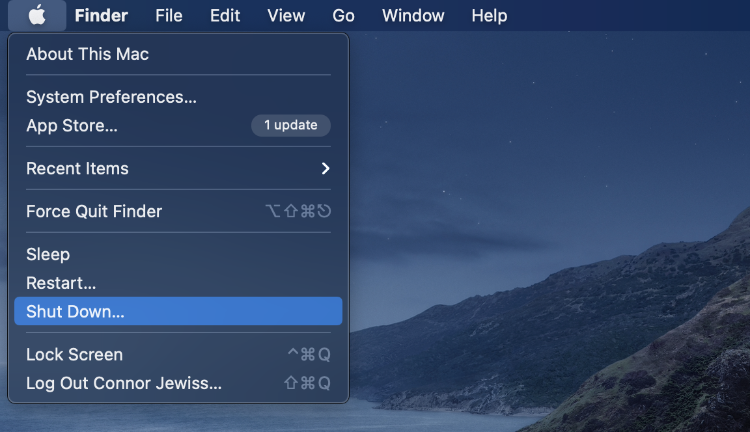 Screenshot of the Shut Down option in the Apple menu on Macs
