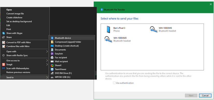 Windows 10 Share via Bluetooth