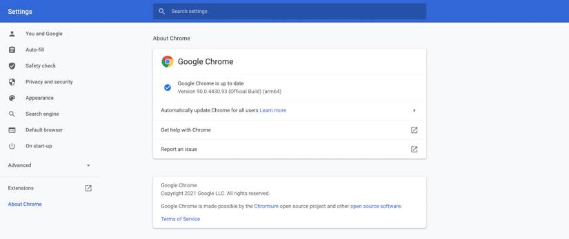 about chrome menu