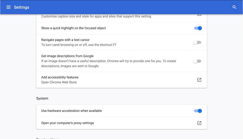 chrome advanced settings menu