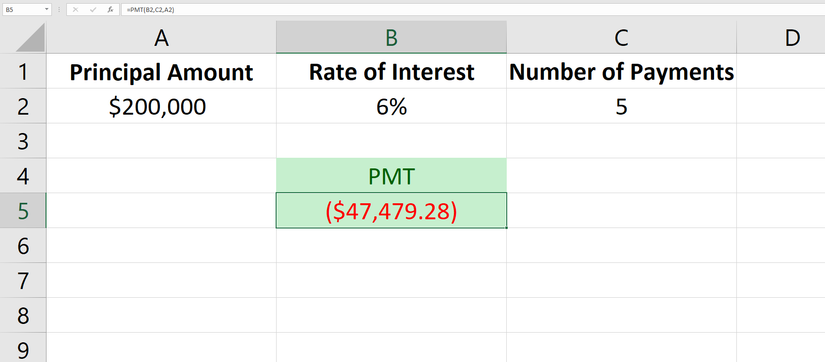 PMT function in excel