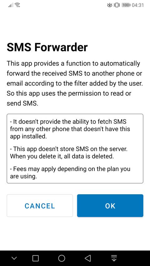 SMS Forwarder screen stating its capabilities