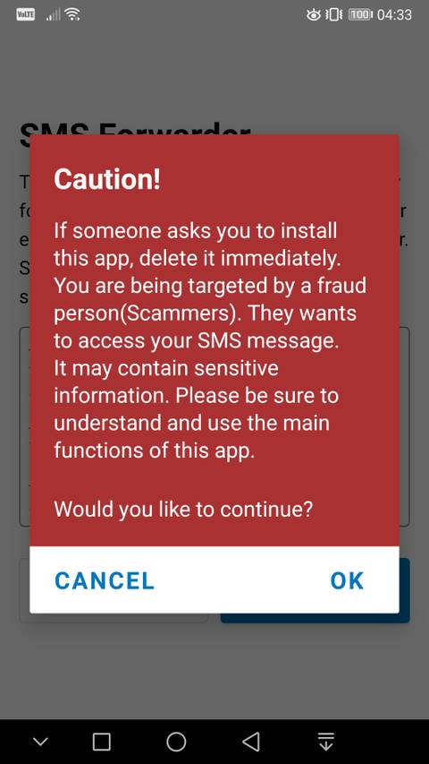 SMS Forwarder warning against scammers