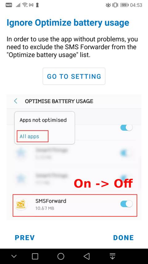 Optimization settings instructions on SMS Forwarder