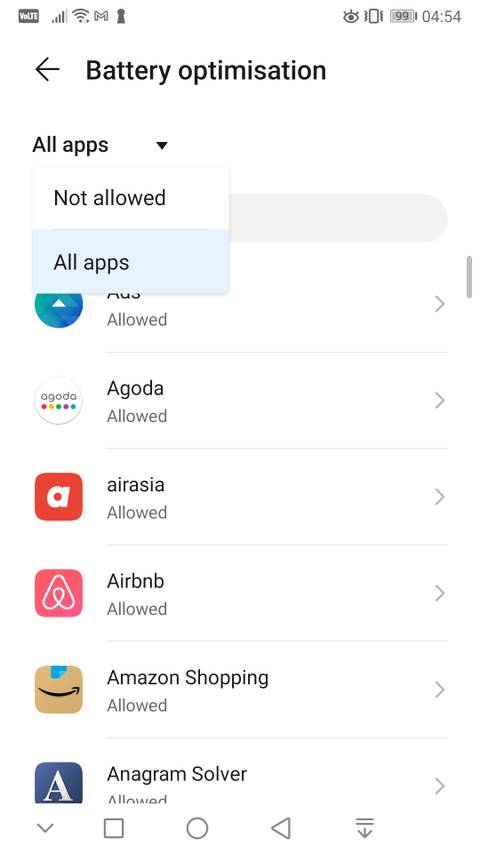 Finding the SMS Forwarder app in optimization settings on Android
