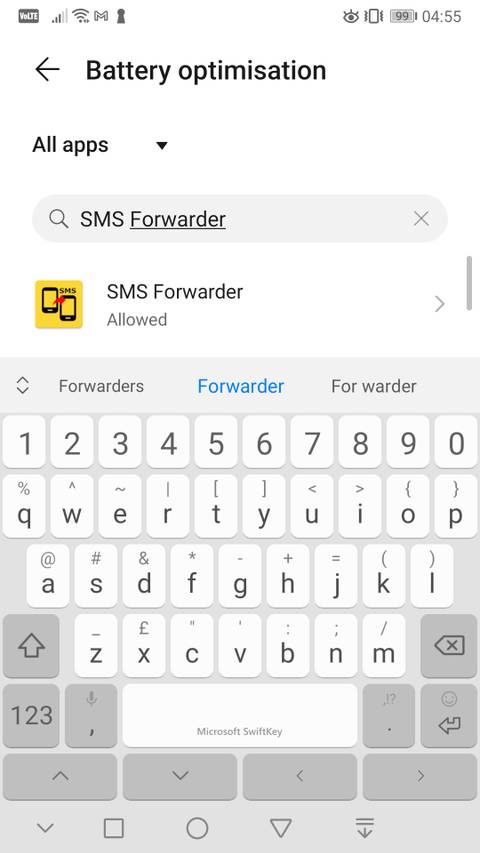 Search for SMS Forwarder in the Battery optimization settings