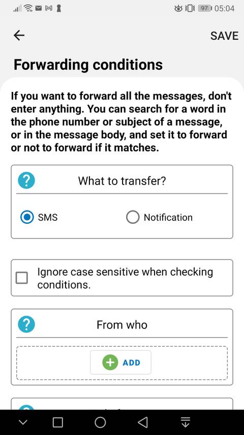 What to transfer filter on SMS Forwarder