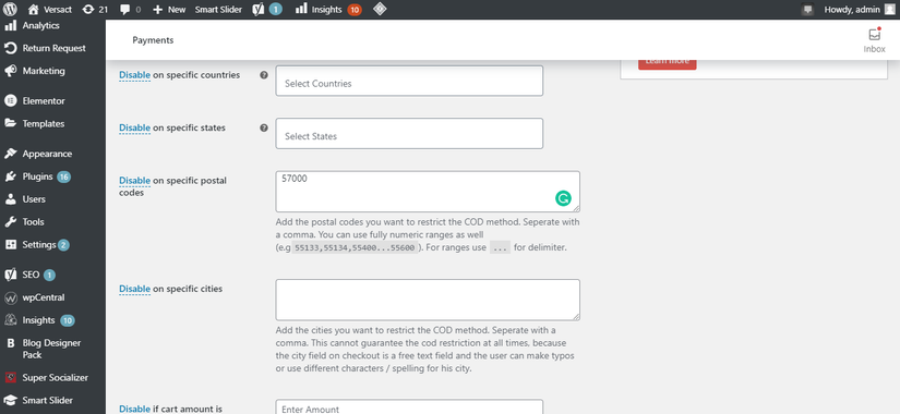 Entering Desired Postal Codes In Specific Postal Codes Section