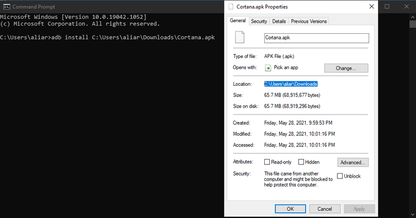 Run adb install command to sideload any APK from Windows 11 directly