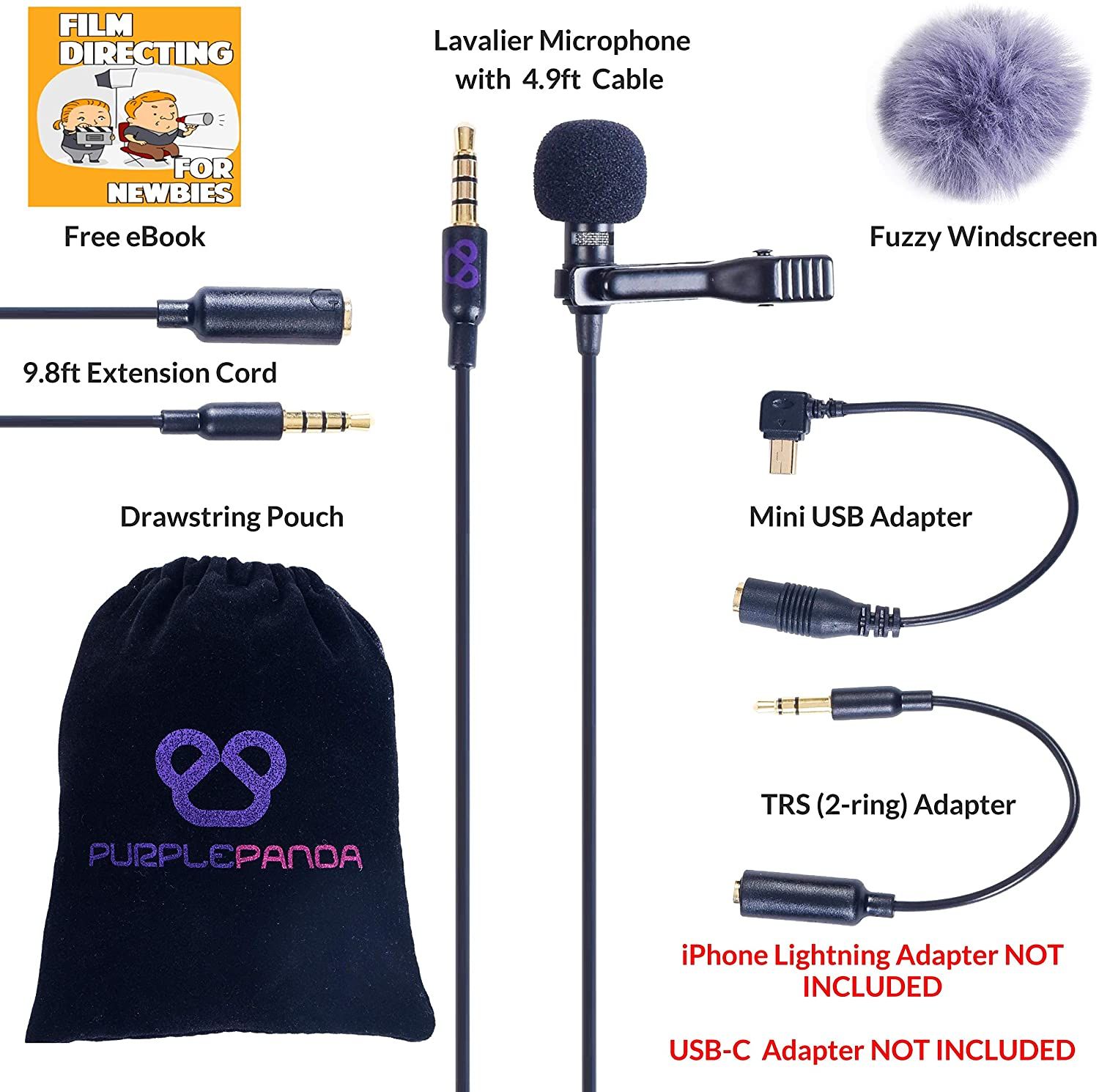 Purple Panda Lavalier Lapel Microphone Kit Accessories