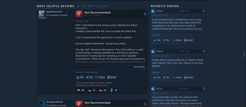 User reviews of a Steam game