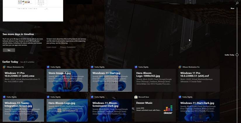 Windows 10 Timeline keeping track of events.
