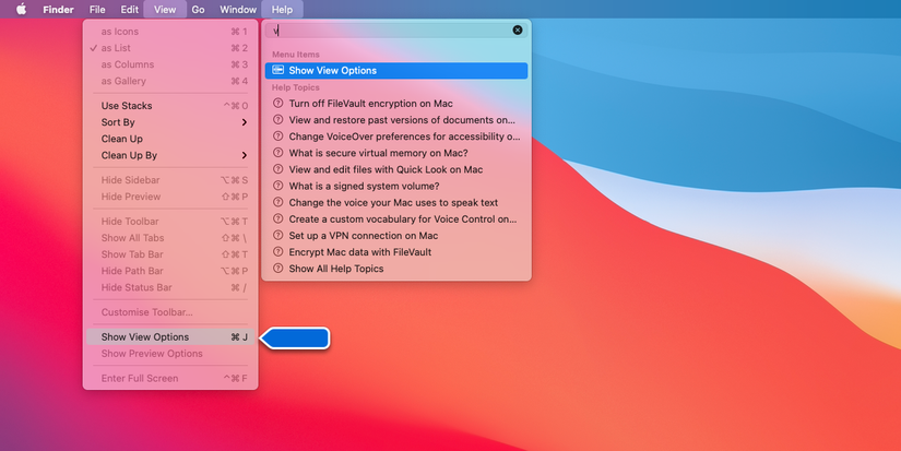 A screenshot of macOS showing a search in the Help menu