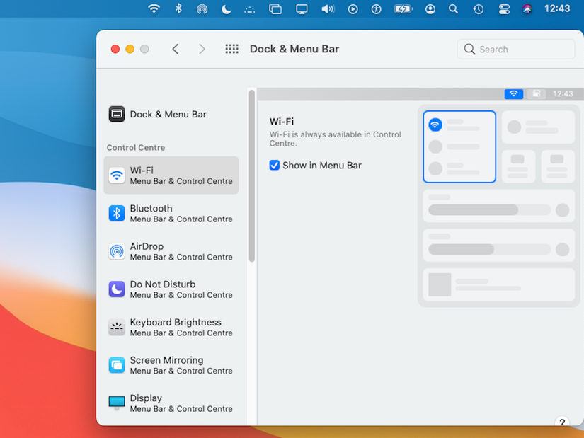 A screenshot of macOS showing Status Menus and the Dock and Menu Bar preferences