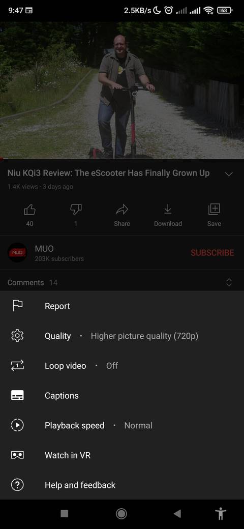 YouTube mobile menu