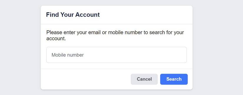 Facebook Find Your Account menu
