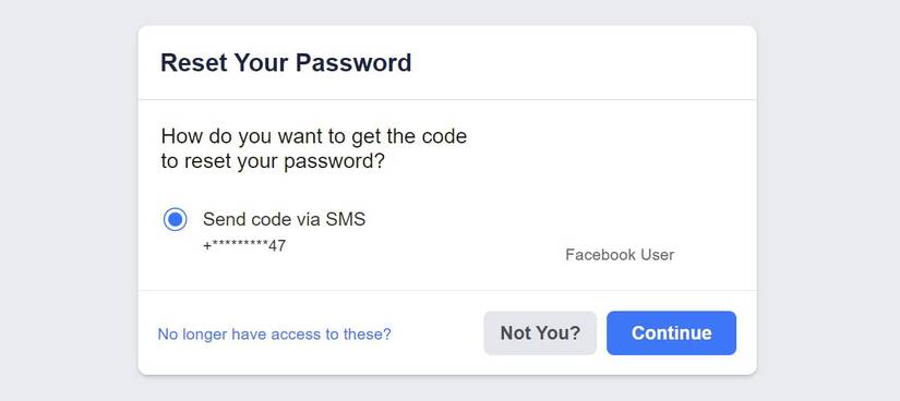 Facebook Reset Your Password menu