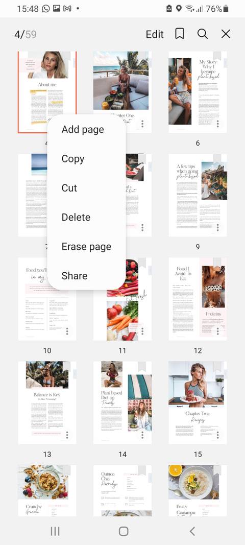 sort pages within Samsung Notes app