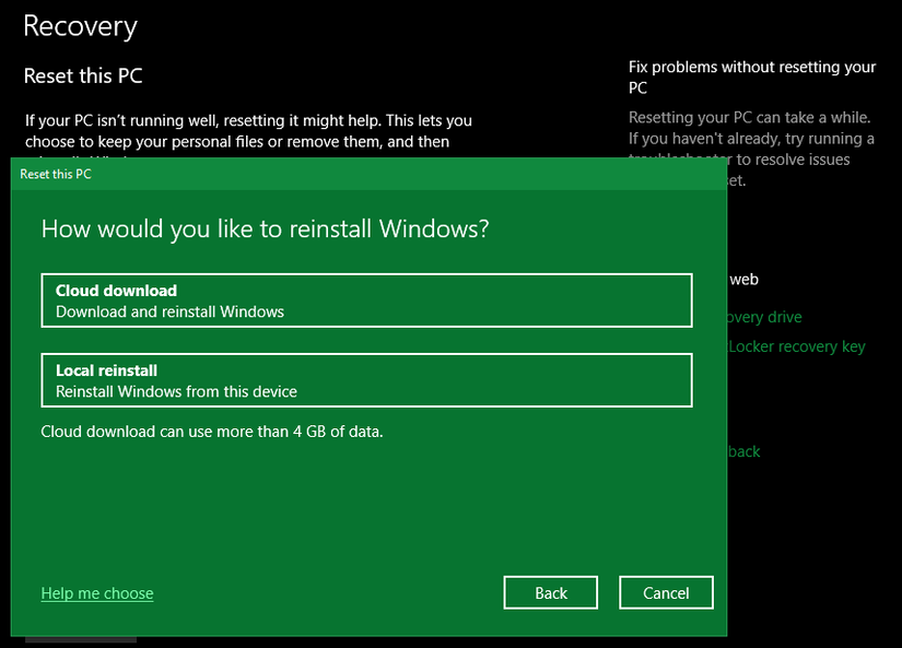 Windows 10 Cloud Reinstall Option