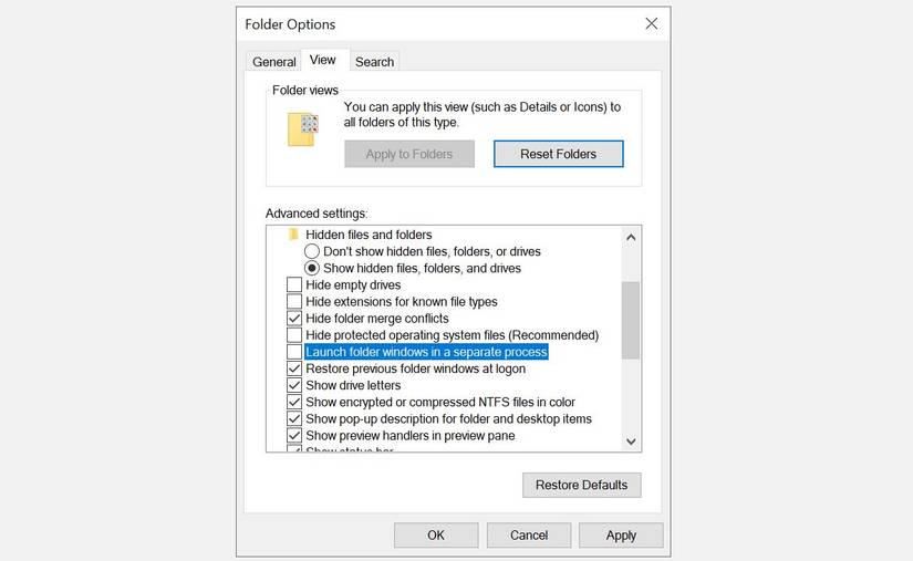 This screenshot shows the Windows Folder Options menu