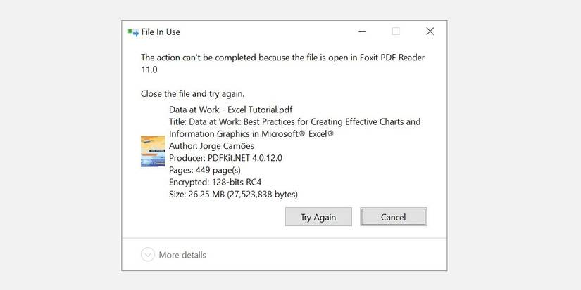 Windows 10 File in Use message when trying to delete open PDF.