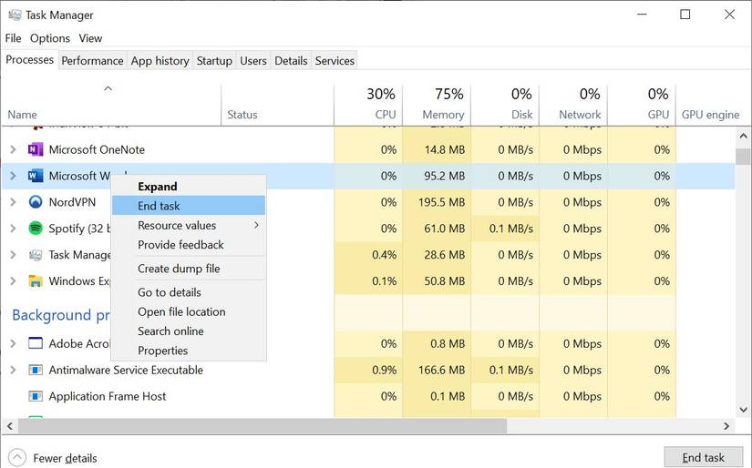 End task in Windows 10 Task Manager.