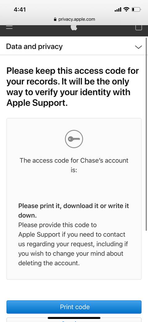 Access Code for Deleting Account