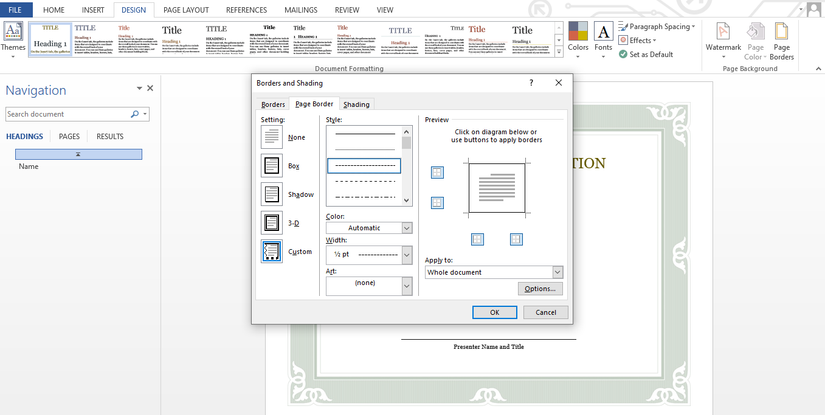 Borders and Shading dialog box with borders tab and borders options