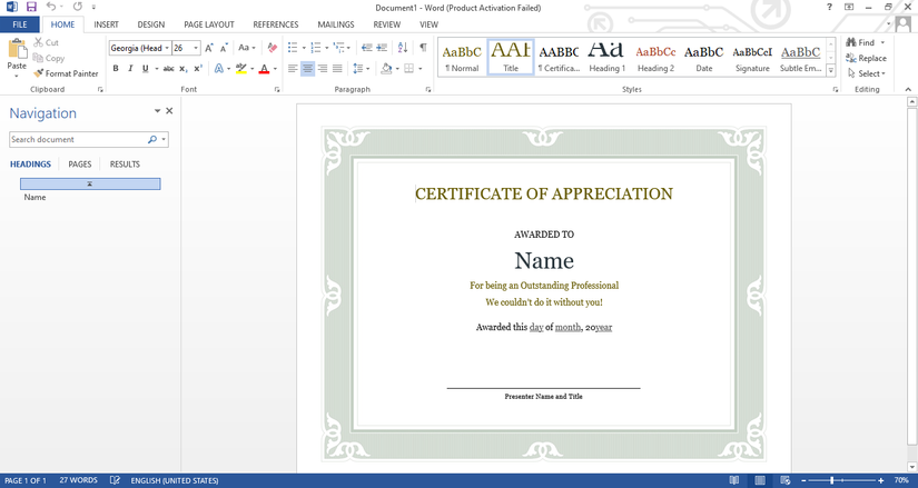 Opened word document with certificate