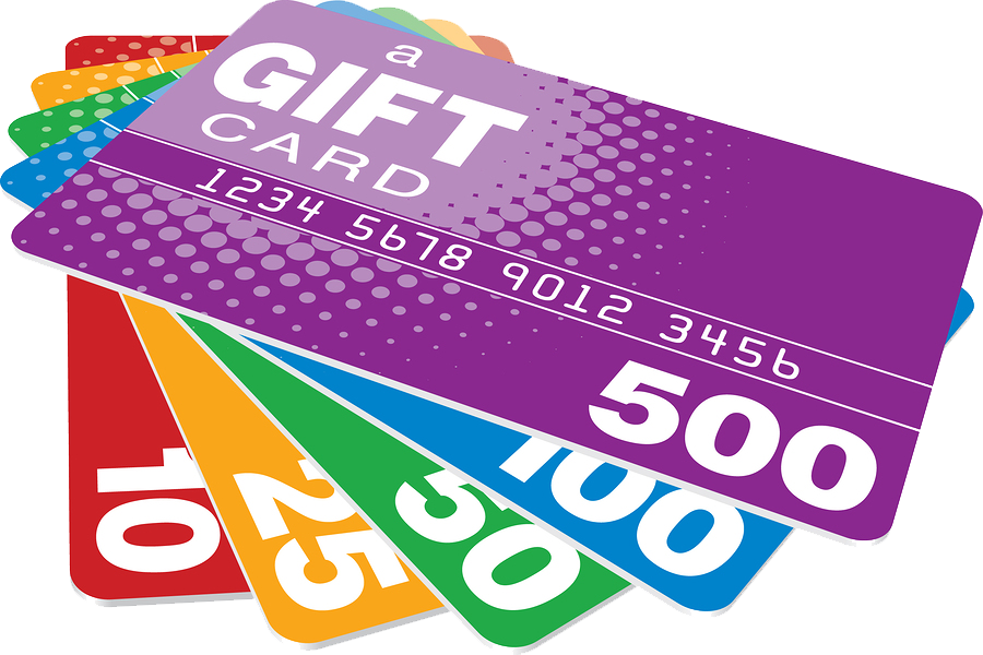 5 gift cards layered on top of each other worth 500,100, 50, 25 and 10