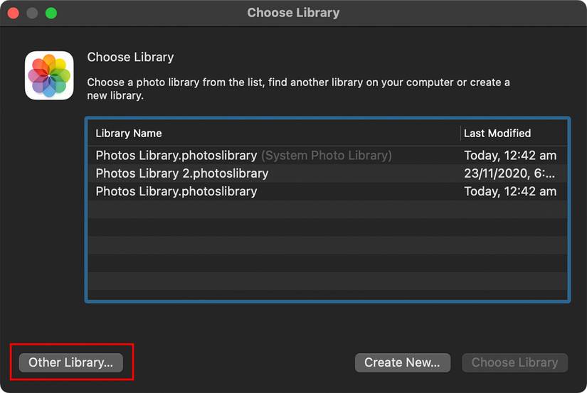 Select Other Library in Photos app
